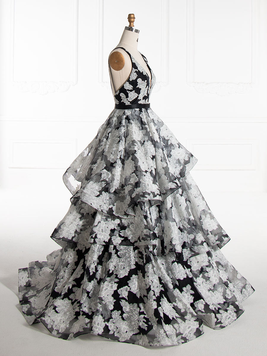 Princess V-Neck, Floor-Length, Black Printed Layered, Prom Dresses