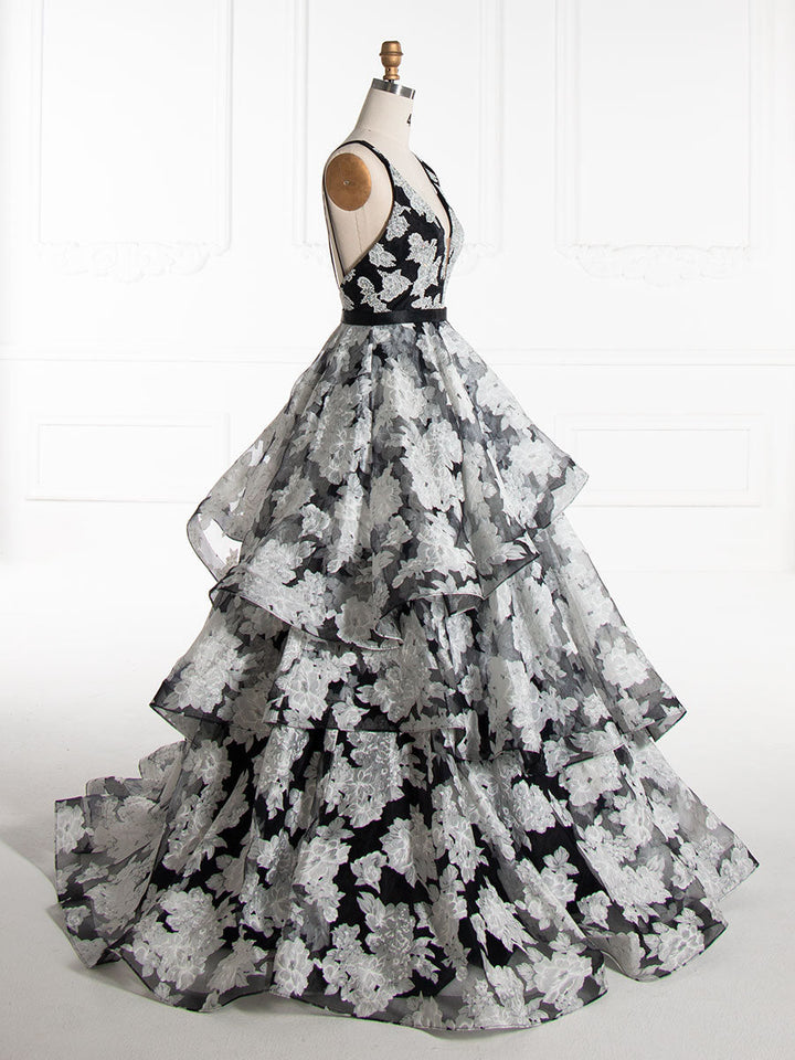 Princess V-Neck, Floor-Length, Black Printed Layered, Prom Dresses