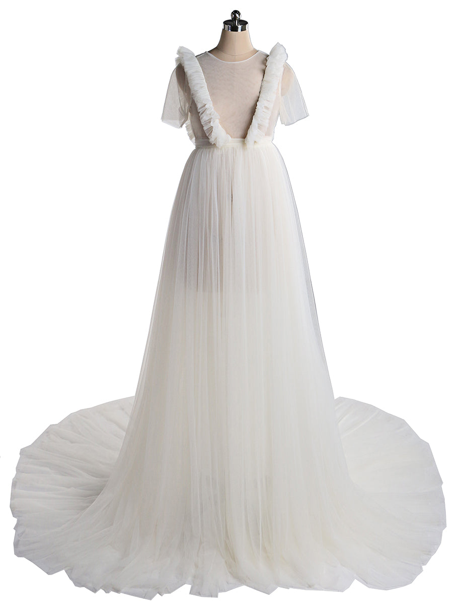 Weißes Umstandskleid mit Rüschen und kurzen Ärmeln, Maxi-Partykleid