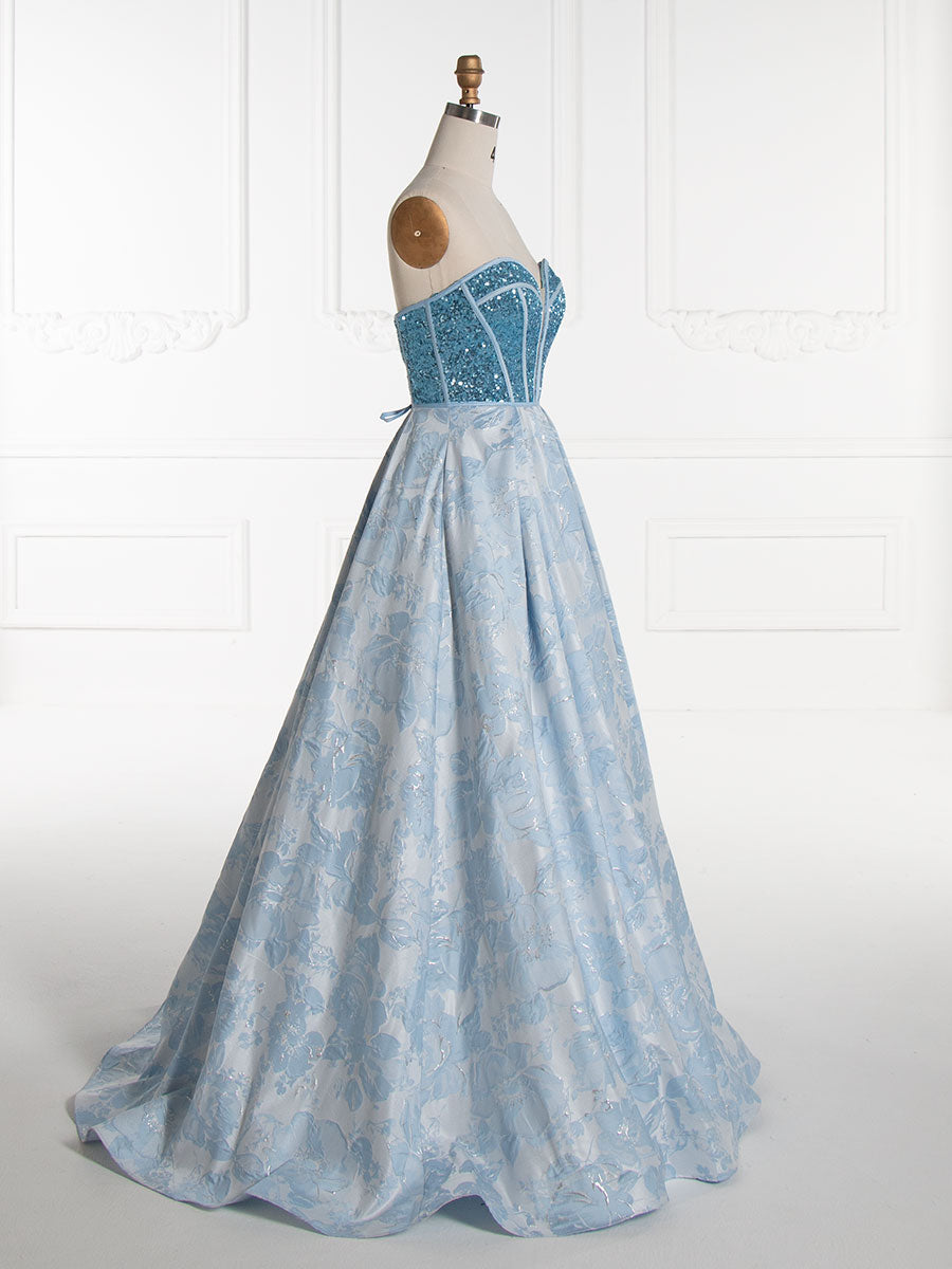 Elegant Sweetheart Blue Sequin Corset, Top Jacquard, Long Prom Dress
