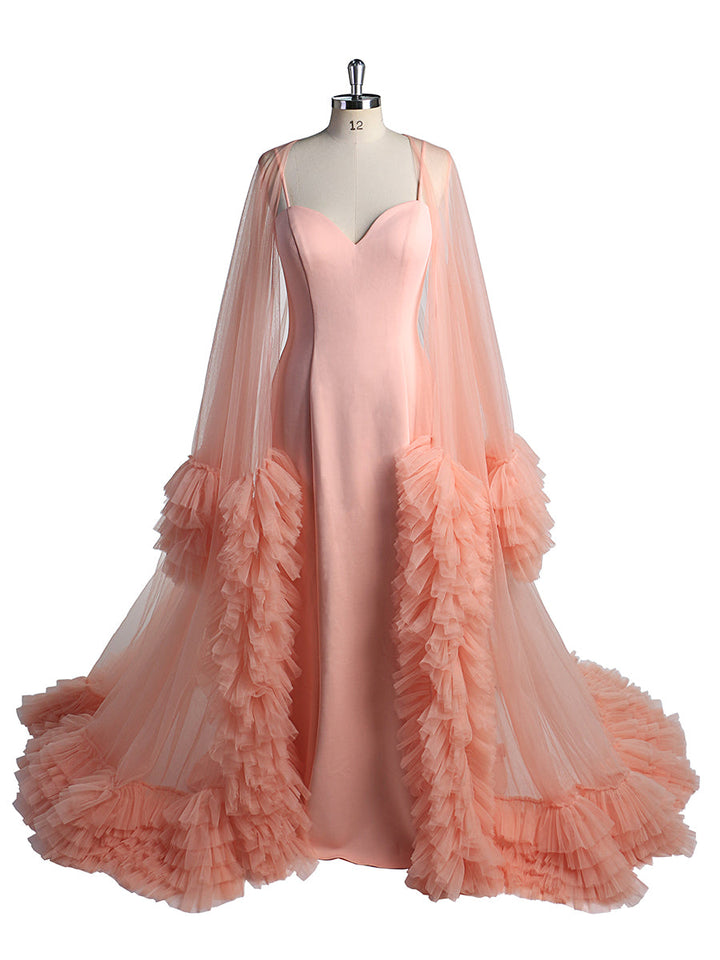 Lachsfarbenes Abendkleid mit langem Umhang, Foto-Shooting, Foto-Requisiten, Fotografie-Kleid, Vestidos de Fiesta de Noche 