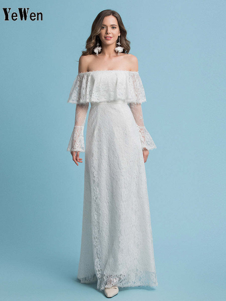 Boho A-Linie Brautkleider Schulterfrei Hofschleppe Spitze Normale Träger Bodenlang 