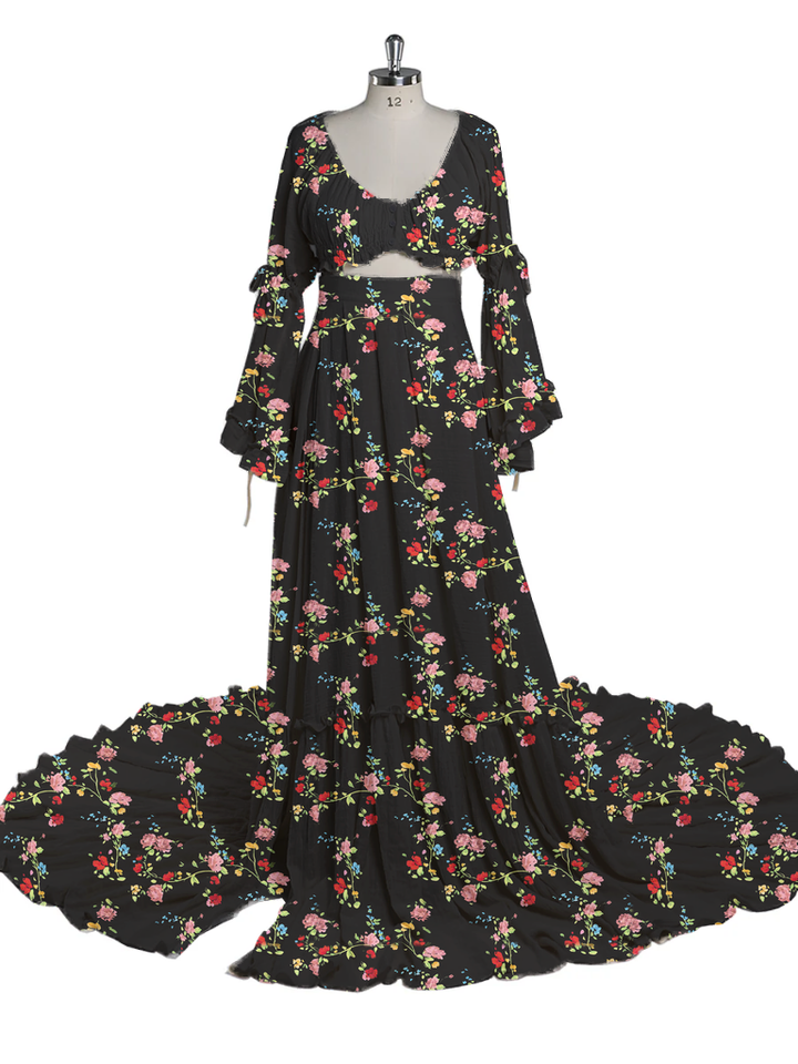 2 Piece Set Boho Dress V Neck Printed Dresses Photography Baby Shower Dress for Pregnant Woman YD211008