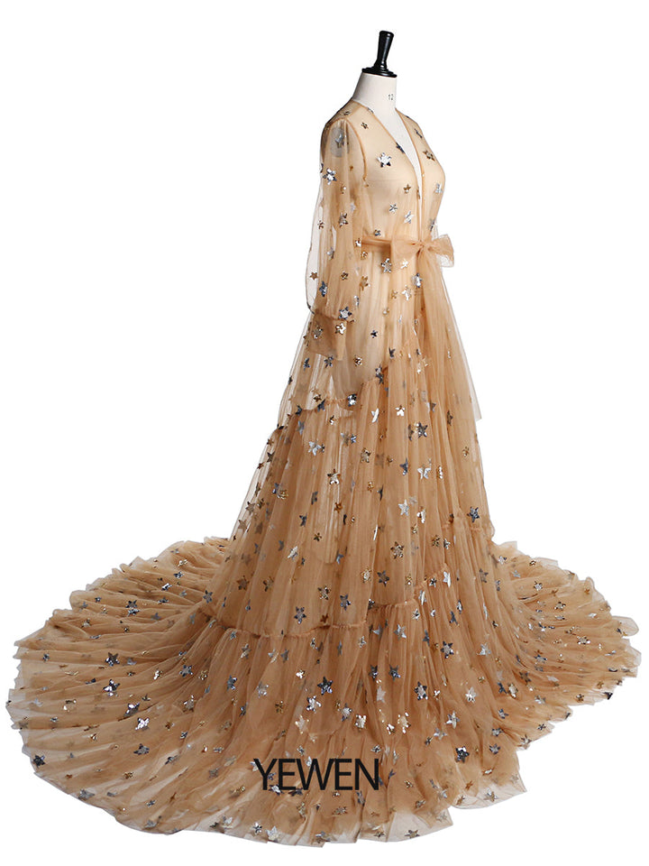 Elegantes Umstandskleid mit funkelnden Sternen und langen Ärmeln, durchsichtiges Fotoshooting-Kleid, Umstandskleid für Babypartys, Übergröße YD2104251 