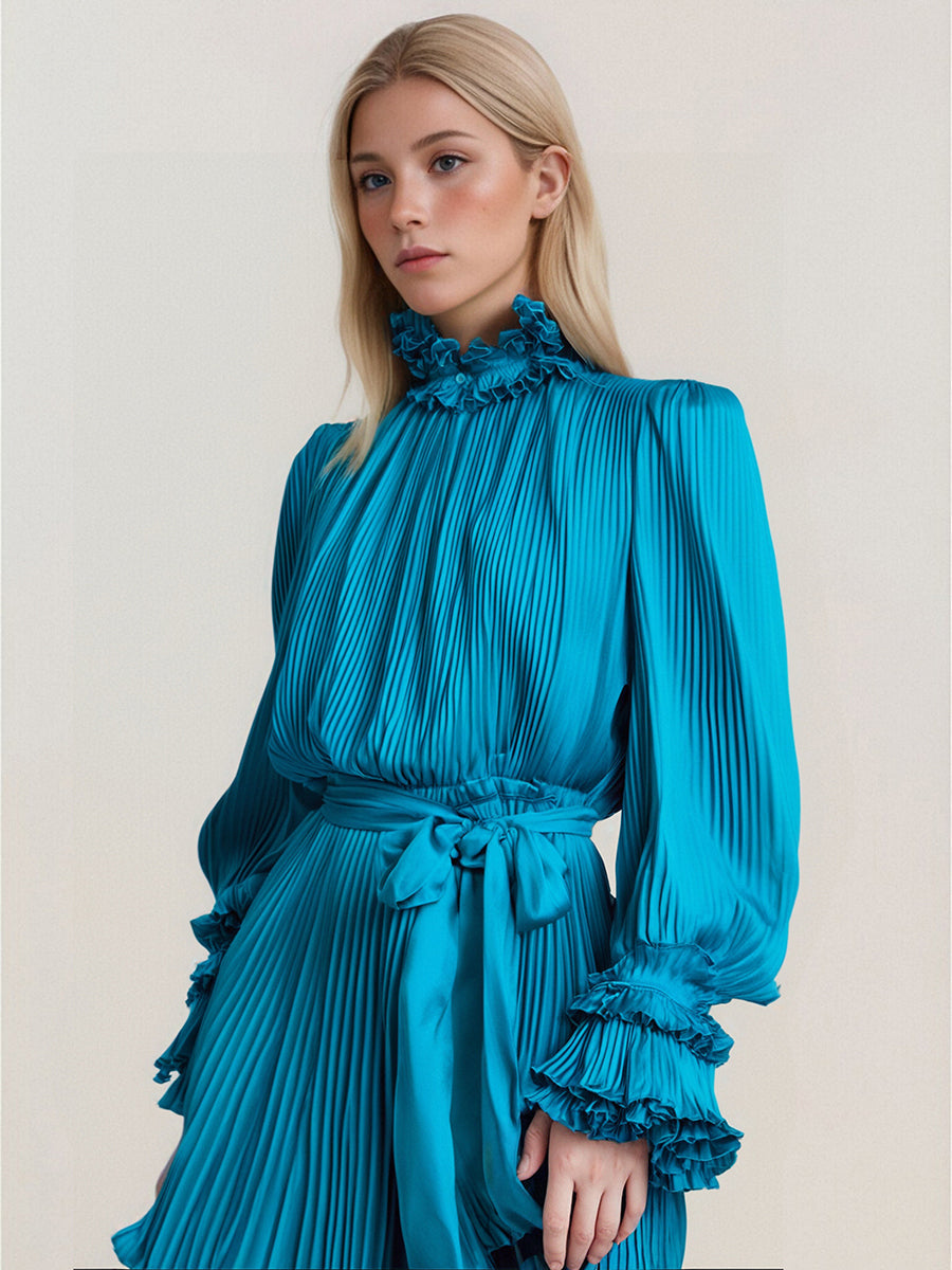 Gefaltete Lange Frauen Kleider Solide Langen Ärmeln High Neck Gefaltete Weibliche Kleid 2025 Sommer Lose Party Dame Robe 