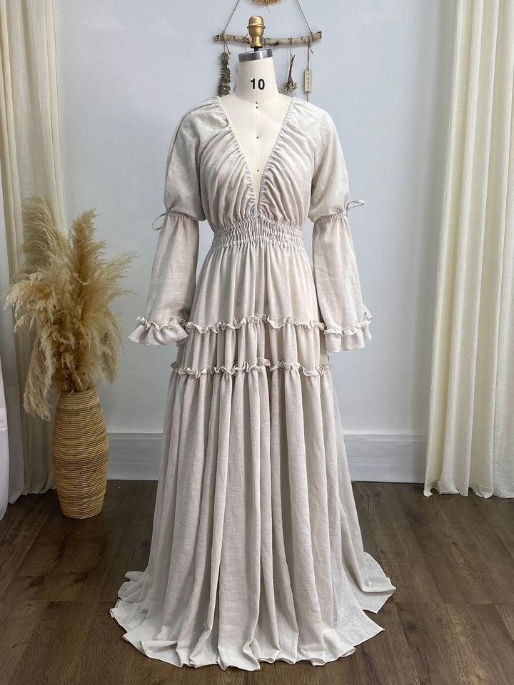 Long Sleeves Cotton Woman Maxi Dresses Side Slit Photo Shoot Dress YEWEN YW231092
