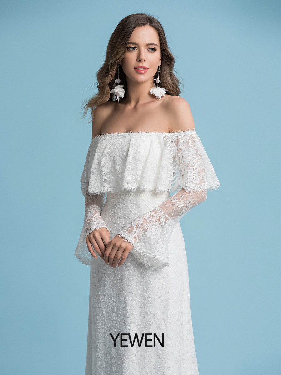 Boho A-Linie Brautkleider Schulterfrei Hofschleppe Spitze Normale Träger Bodenlang 