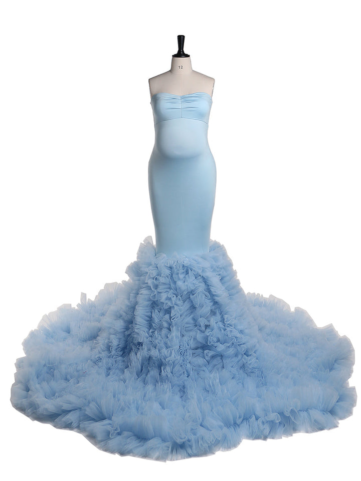 Trägerloses babyblaues Meerjungfrauen-Umstandskleid für Fotoshootings, Fotografie-Kleid für Babyparty YW21018 