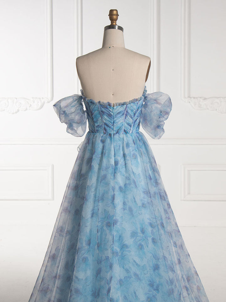 A-line, Off The Shoulder, Blue Floral Printed ,Prom Party Dress 