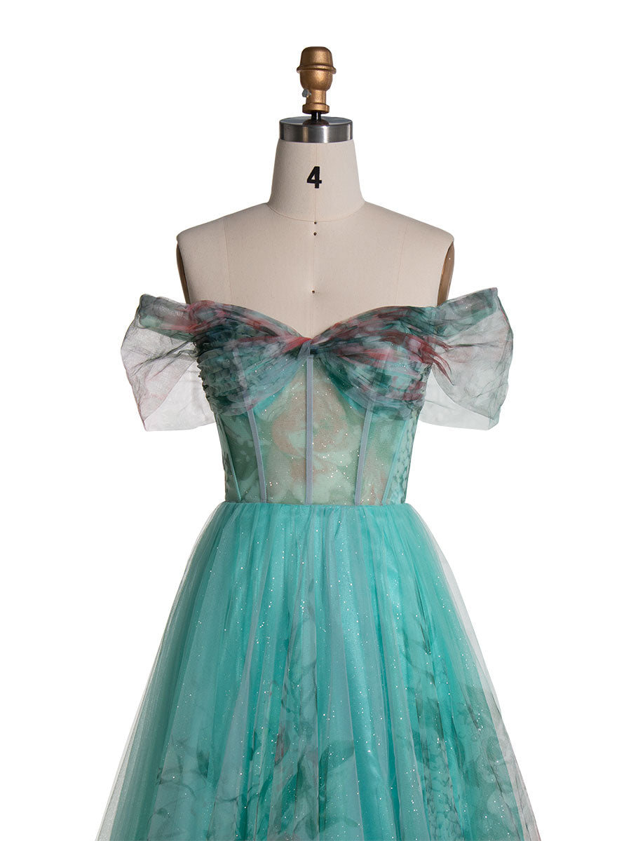 Elegantes, schulterfreies Ballkleid mit Blumenmuster in Aquamarin YE3022 