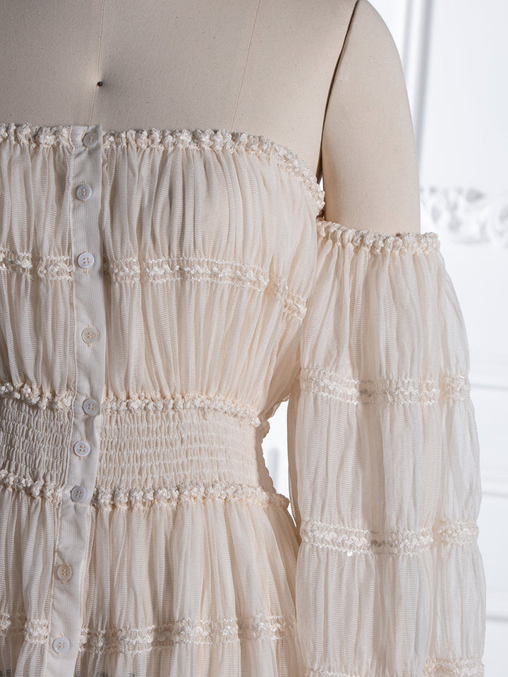 Cream Chiffon,  Long Sleeves Bohemian Beach Photo Shoot Dress 
