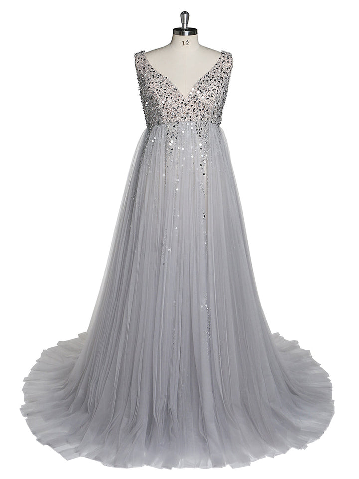 Silbernes Abendkleid aus Tüll mit Perlenbesatz, Umstandskleid für Fotoshootings, Schnürung hinten, Schwangerschaftsfotografie, Robe, Babypartykleid 