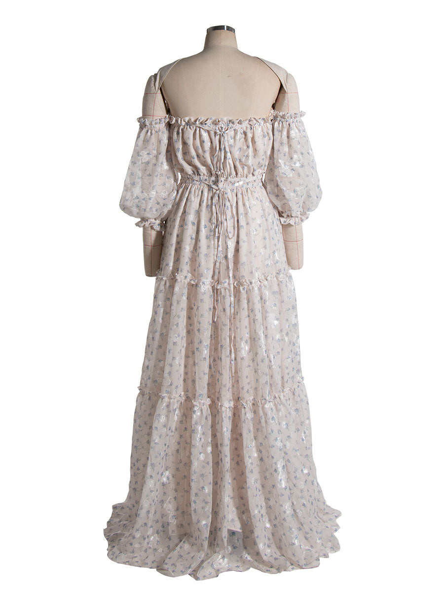 Off Shoulder, Printed Chiffon Dress for Photo Shoot, Woman Maxi Dress