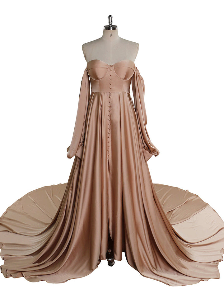 A-Linie Satin Brautkleid mit Schnürung am Rücken und langen Ärmeln, Kleider für Fotoshootings YW220928 