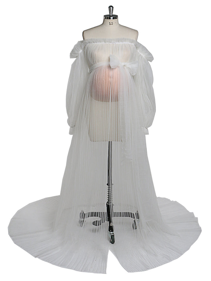 Sexy durchsichtiges Umstandskleid aus Tüll mit plissierten Puffärmeln für Fotoshootings/Babypartys YW221019 
