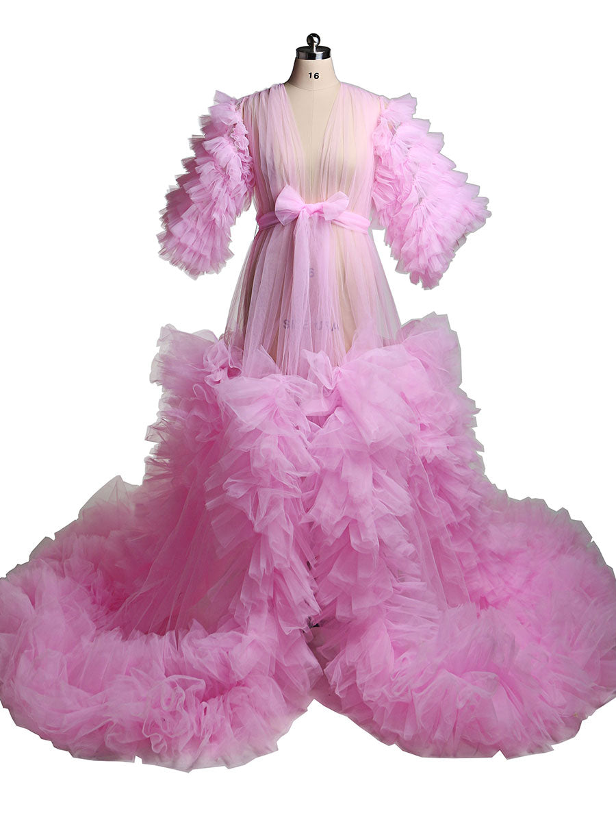 Tüll Rüschen Kurzarm Grünes Umstandskleid für Fotoshooting Kleid Babyparty 