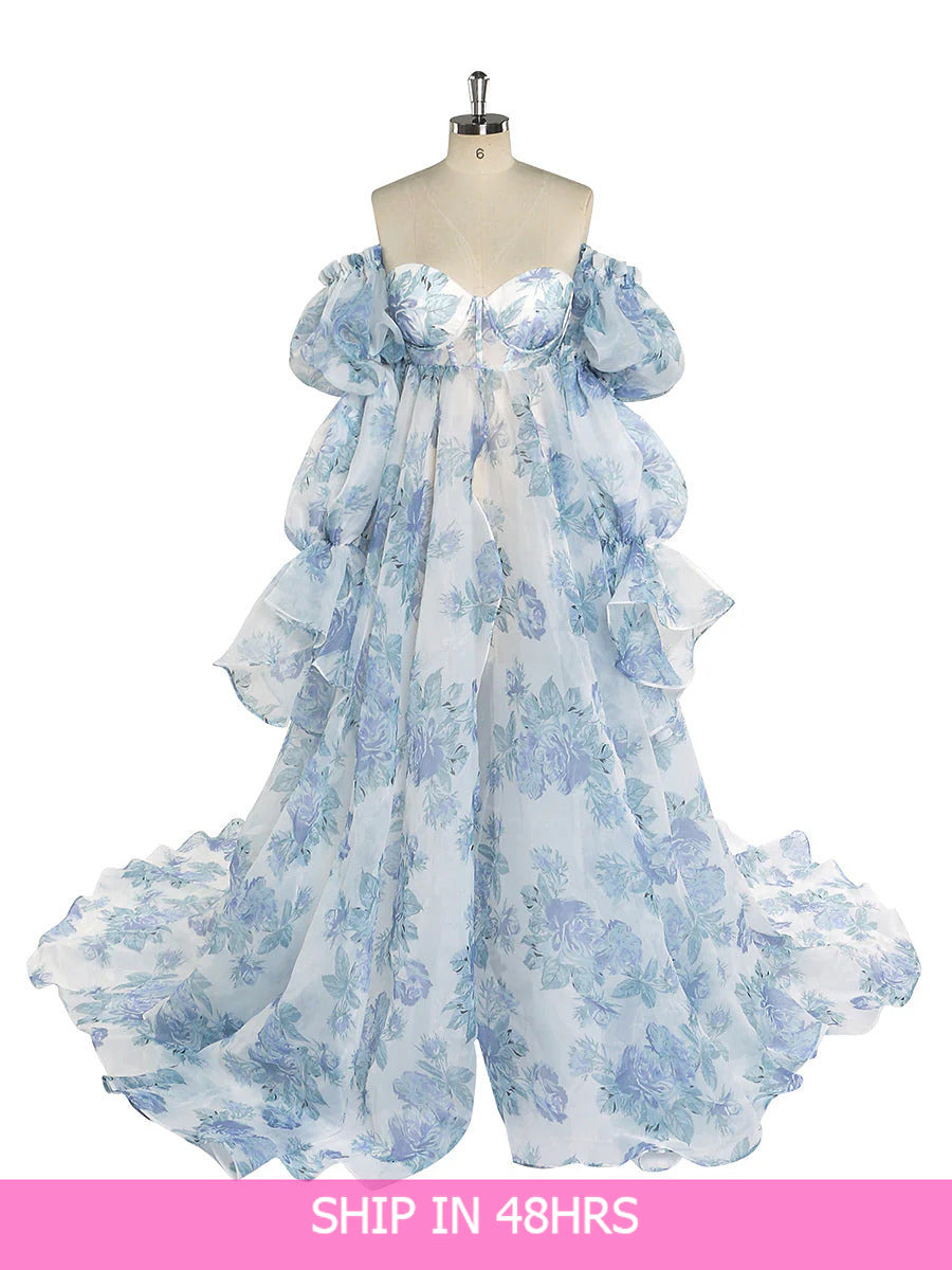 Neue Umstandskleider aus Organza-Seide mit Blumendruck für Fotoshootings, Babypartys, Fotografie-Requisiten, Schnürung am Rücken, YW221105 