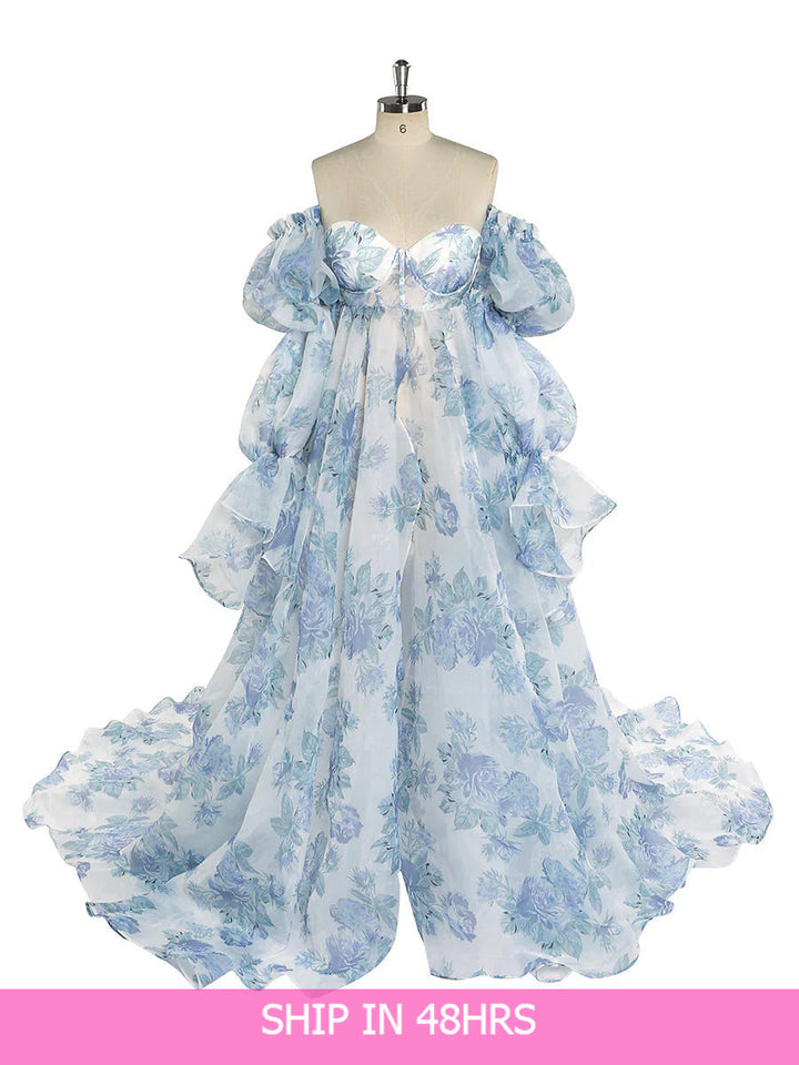 Neue Umstandskleider aus Organza-Seide mit Blumendruck für Fotoshootings, Babypartys, Fotografie-Requisiten, Schnürung am Rücken, YW221105 