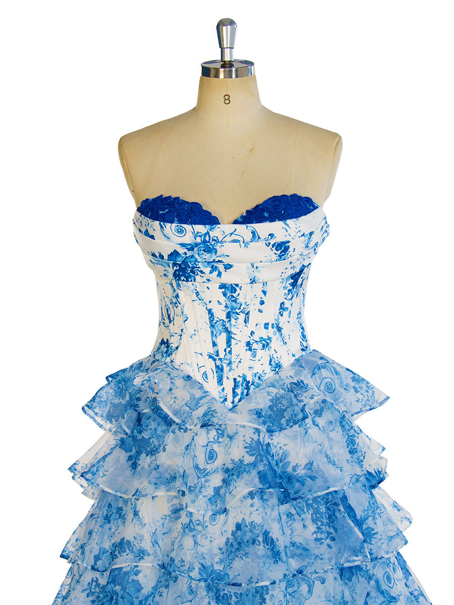 Blaues bedrucktes langes Maxikleid, elegantes Ball- und Partykleid YW240048