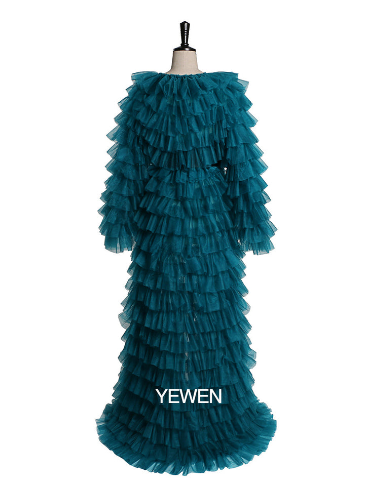 Grünes Abendkleid, Ballkleid, Tüll, gestuftes Langarm-Maxikleid für Damen