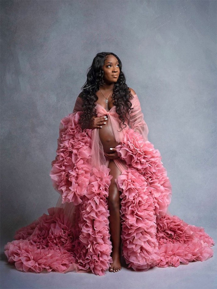 Schleife V-Ausschnitt Organza Plissee Rüschen Langarm Umstandskleid Fotoshooting Babyparty 