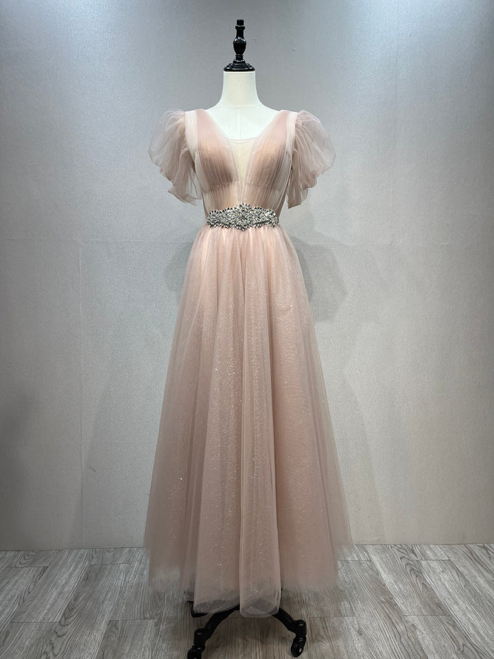 Elegant Glitter Mesh , Ankle Length,  Prom Ball Gown, Crystals Belt