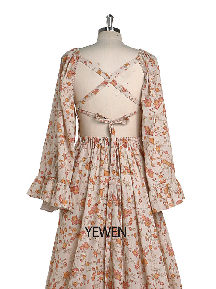 Elegant Cotton Floral Print Woman Maxi Dress Boho Beach Gown Adjustable Back Photography Props YW220810