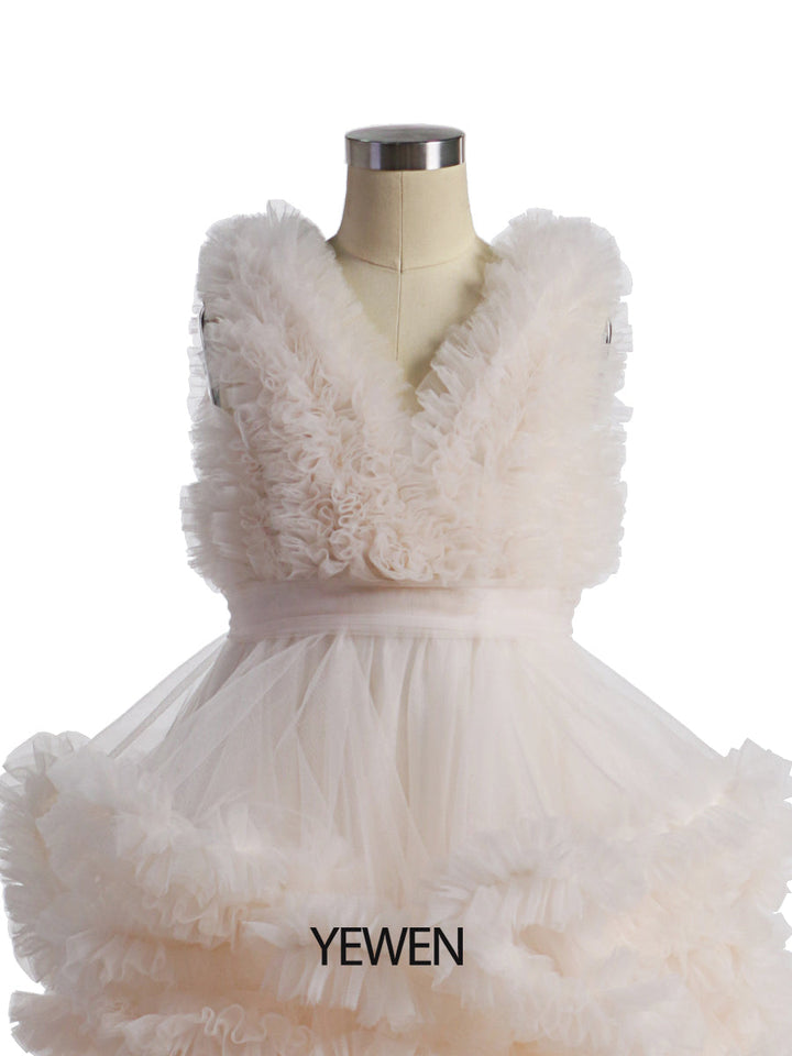 Weiche Tüllrüschen V-Ausschnitt Erstkommunionkleider für Mädchen Blumenmädchenkleider Prinzessin Partykleid Fotoshootingkleid YW220920 