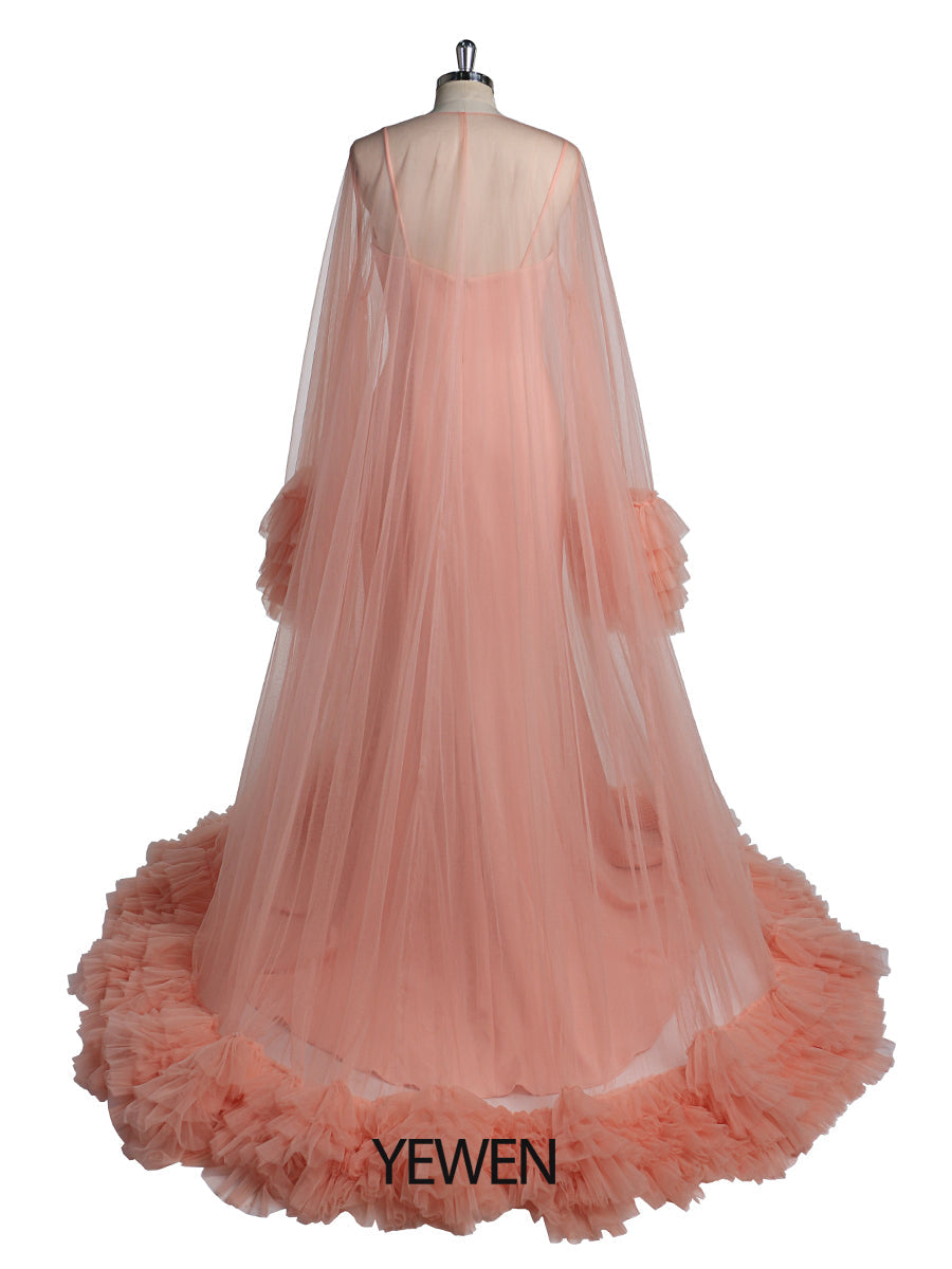 Lachsfarbenes Abendkleid mit langem Umhang, Foto-Shooting, Foto-Requisiten, Fotografie-Kleid, Vestidos de Fiesta de Noche 