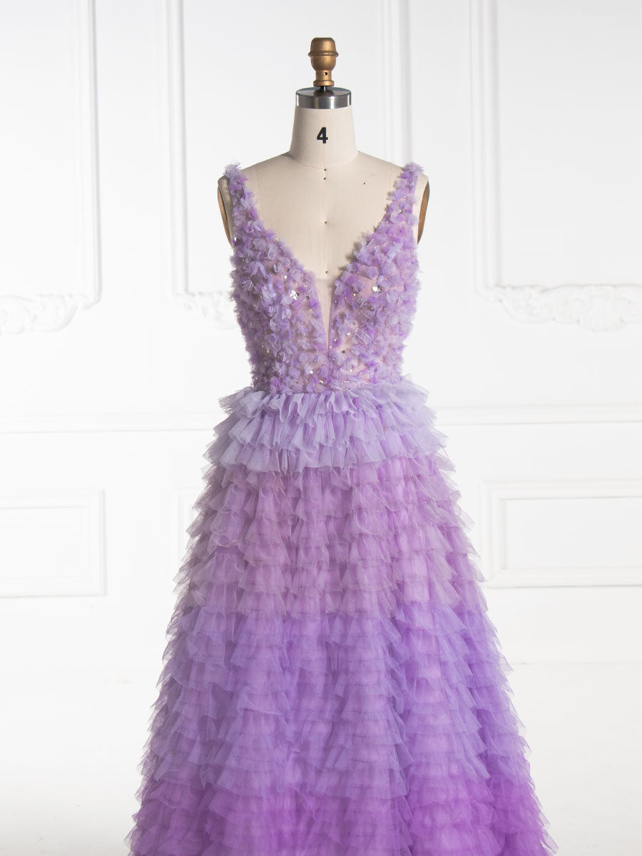 V Neck, Floor Length ,Layered Ruffles, Tulle Prom Dress 