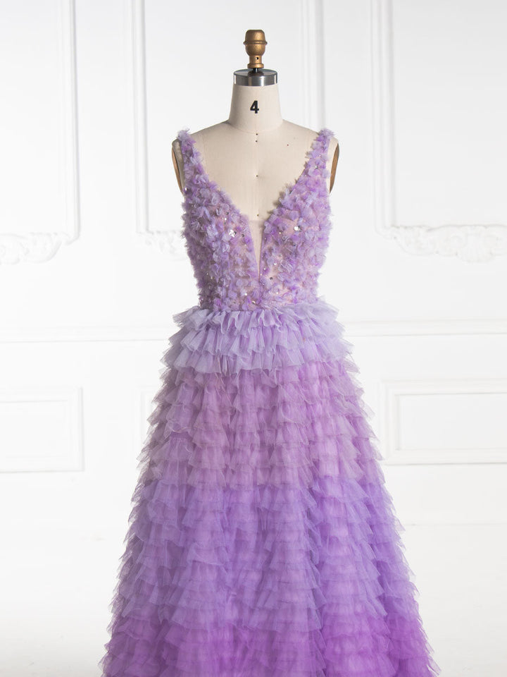 V Neck, Floor Length ,Layered Ruffles, Tulle Prom Dress 