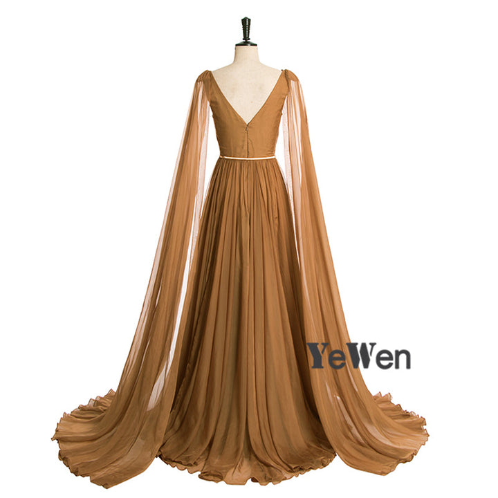 Chiffonkleid mit höherer Taille, V-Ausschnitt, Cape-Ärmel, elegantes Party-Maxikleid, Umstandskleid mit Schnürung