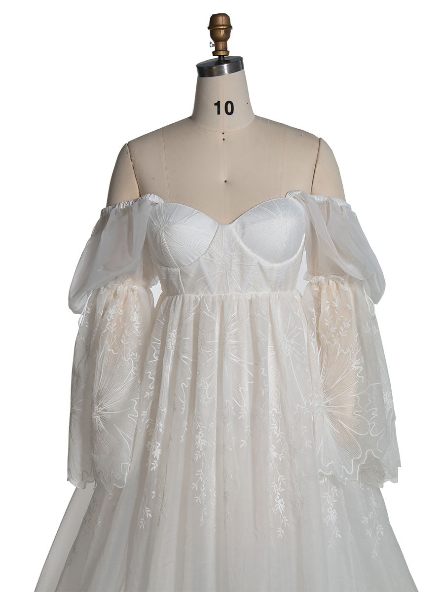Elegantes schulterfreies Boho-Spitzenkleid für Fotoshootings, Umstandsbrautkleid YW240119 
