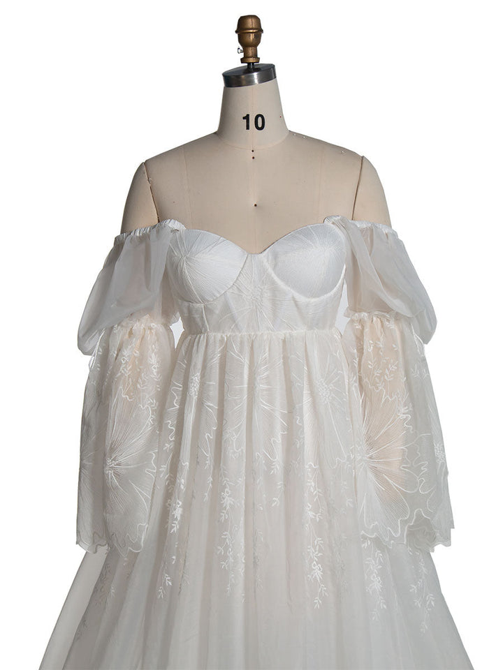 Elegantes schulterfreies Boho-Spitzenkleid für Fotoshootings, Umstandsbrautkleid YW240119 