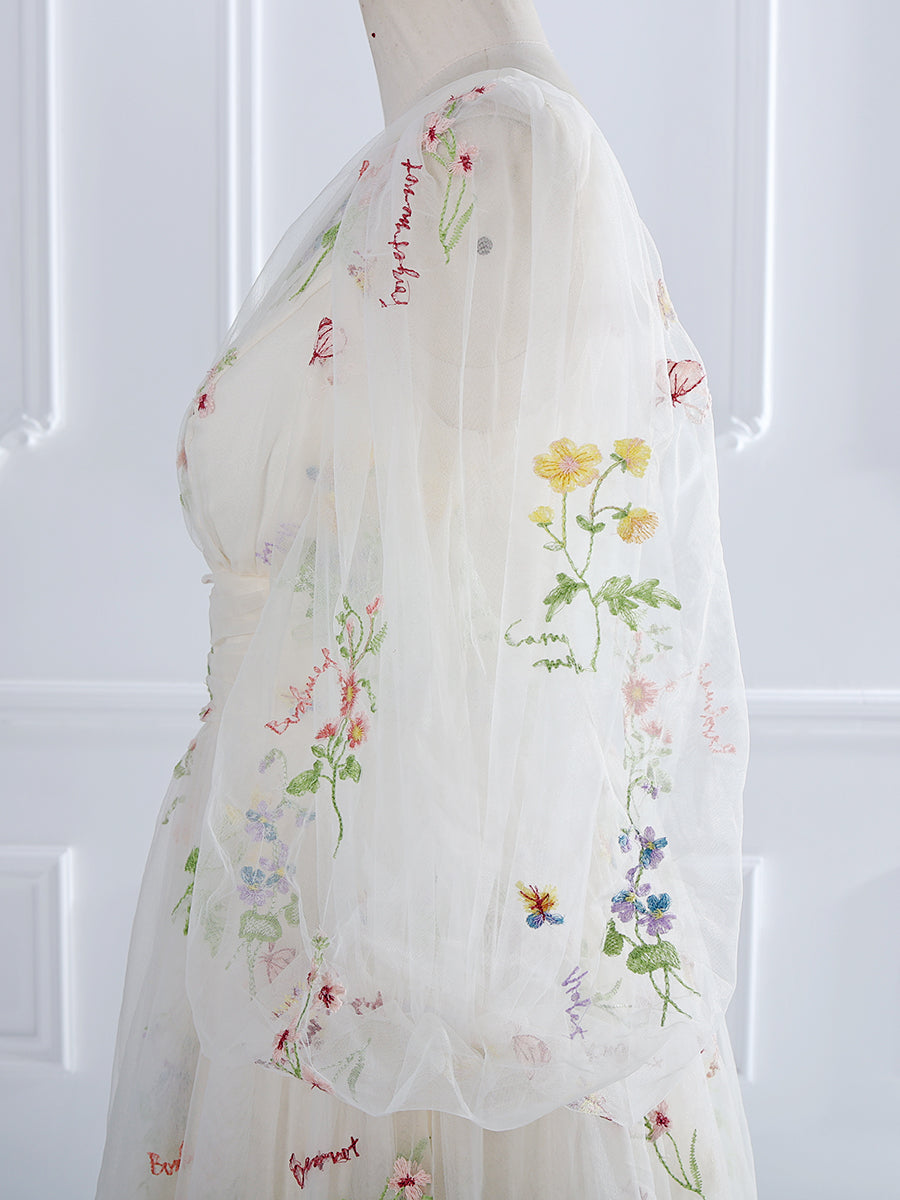 V-Neck , Embroidery Tulle , Puffy Sleeves,  Tea Party Dresses