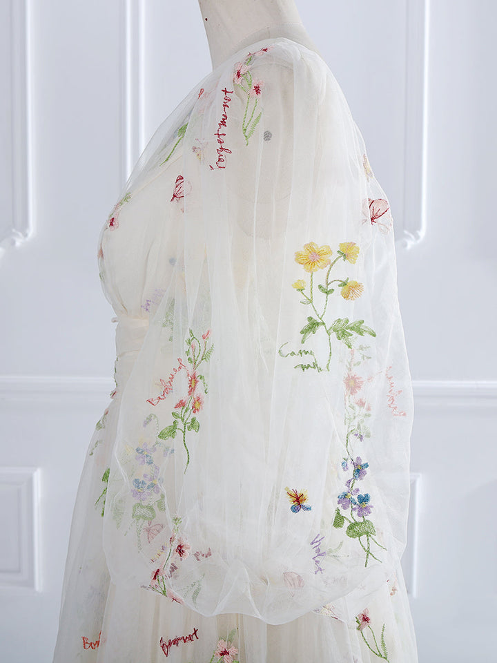 V-Neck , Embroidery Tulle , Puffy Sleeves,  Tea Party Dresses