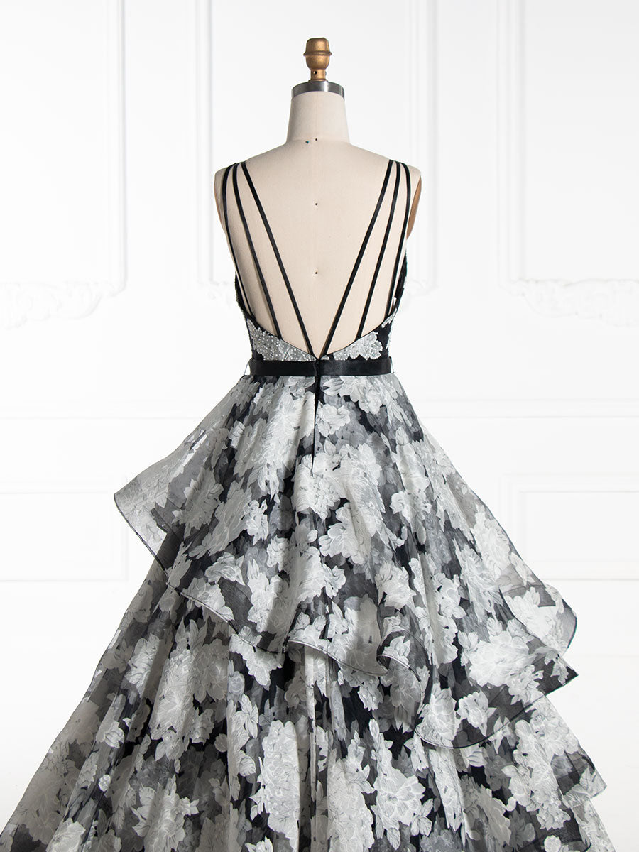 Princess V-Neck, Floor-Length, Black Printed Layered, Prom Dresses