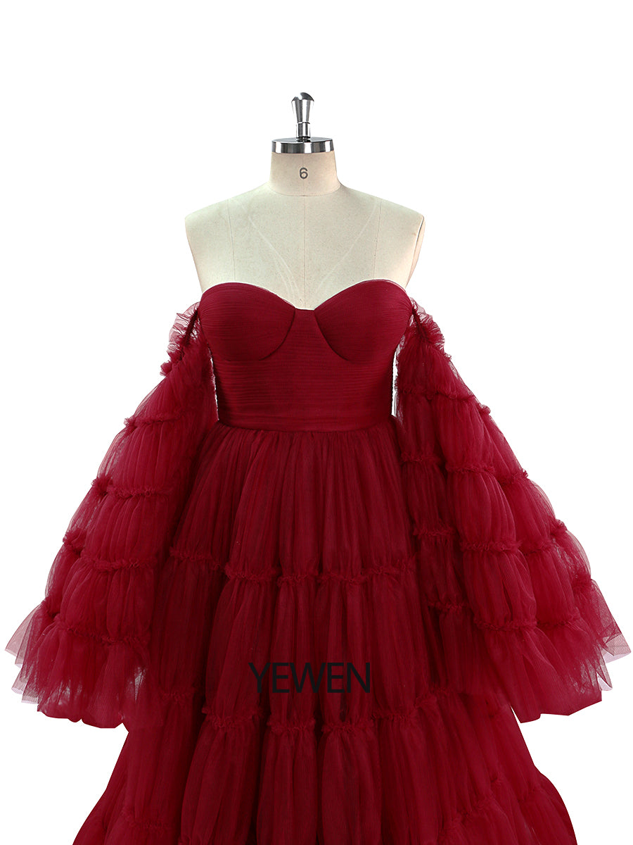 Burgunderrotes Tüllkleid, lang, großer Rock, Umstandskleid für Babyparty, Fotografie, Kleider, YEWEN YW220825 