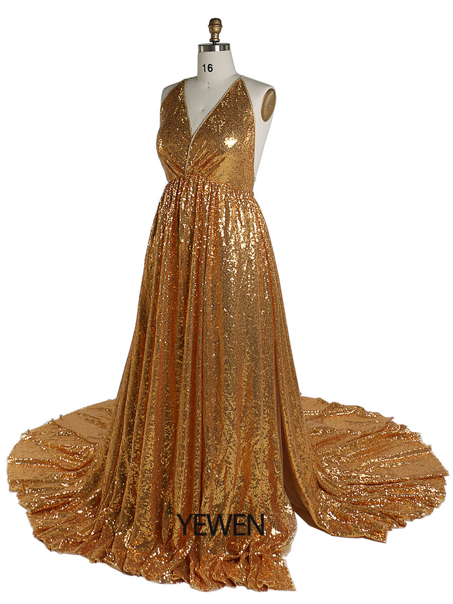 Gold Pailletten Elastische Taille Abendkleider Foto-Shooting Fotografie Kleid YW220401-1 