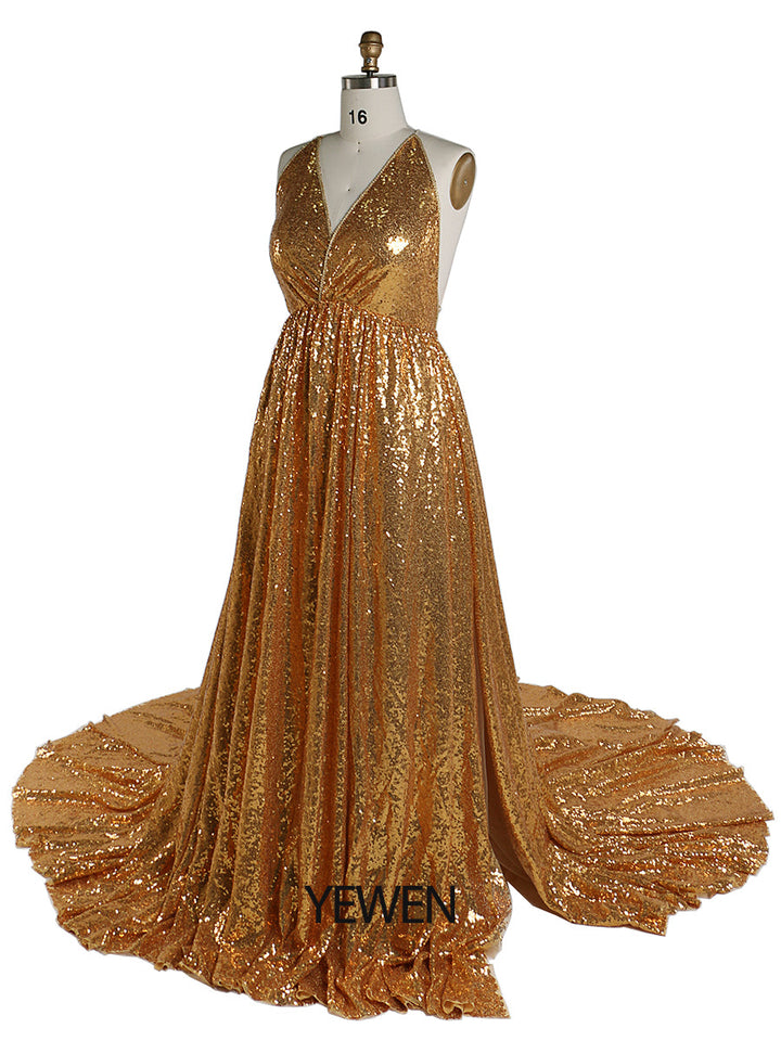 Gold Pailletten Elastische Taille Abendkleider Foto-Shooting Fotografie Kleid YW220401-1 