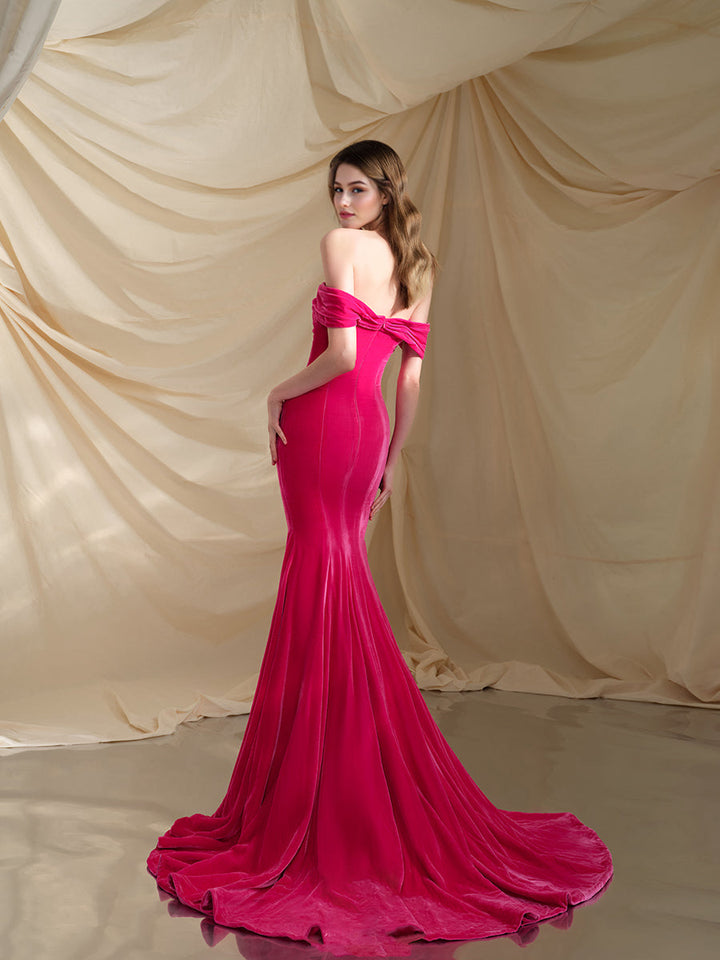 Hot Pink Samt Off the Shoulder Meerjungfrau Abendkleid Partykleid 