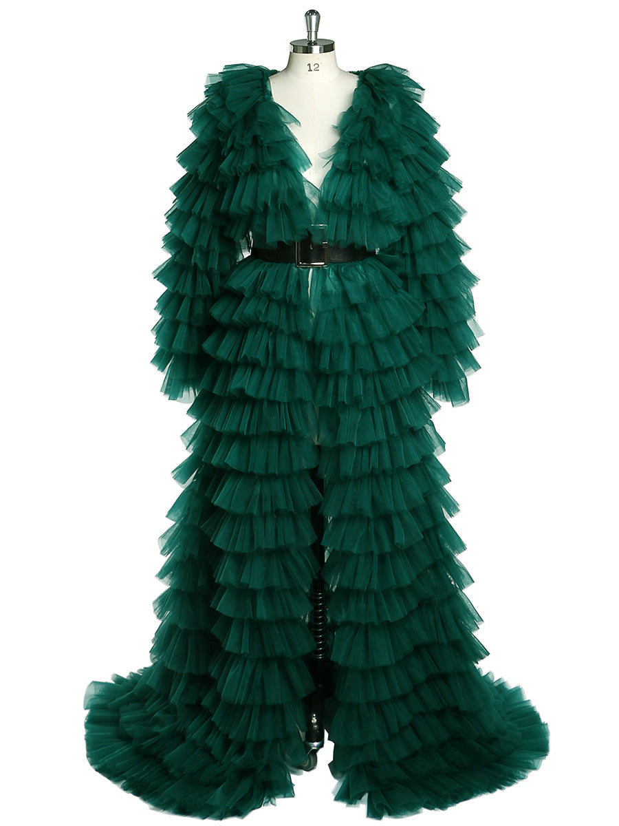 Grünes Abendkleid, Ballkleid, Tüll, gestuftes Langarm-Maxikleid für Damen