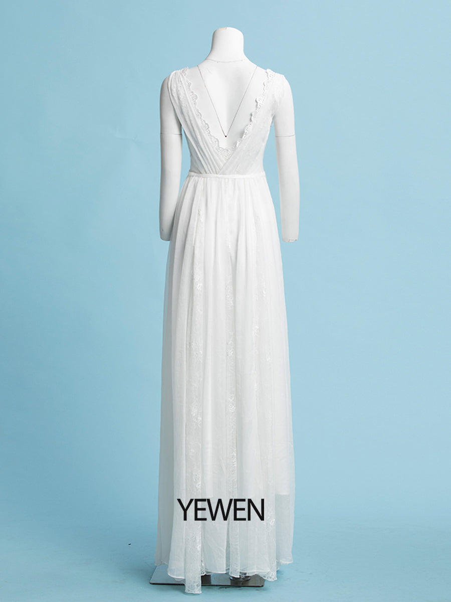 Bodenlanges Brautkleid aus Chiffon mit Blumenmuster und Spitze und Schleppe 