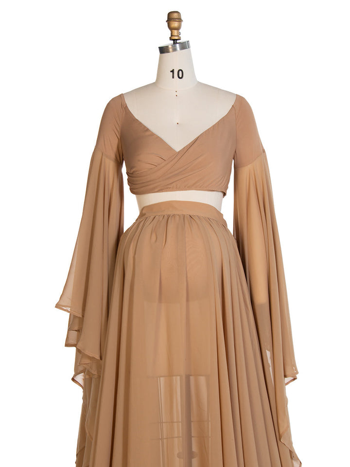 Herbst Umstandskleid für Bilder Rüschenärmel Umstandskleid mit langer Schleppe Boho-Kleid für Fotoshooting YW243111 