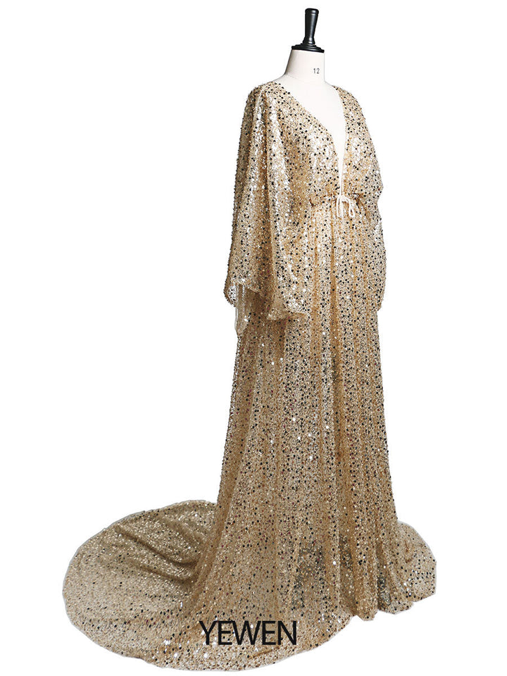 Umstandskleid mit goldenen Pailletten und Perlen für Fotoshootings, Stretch-Taille, Schwangerschaftsfotografie, Robe, Babyparty-Kleid YD21820 