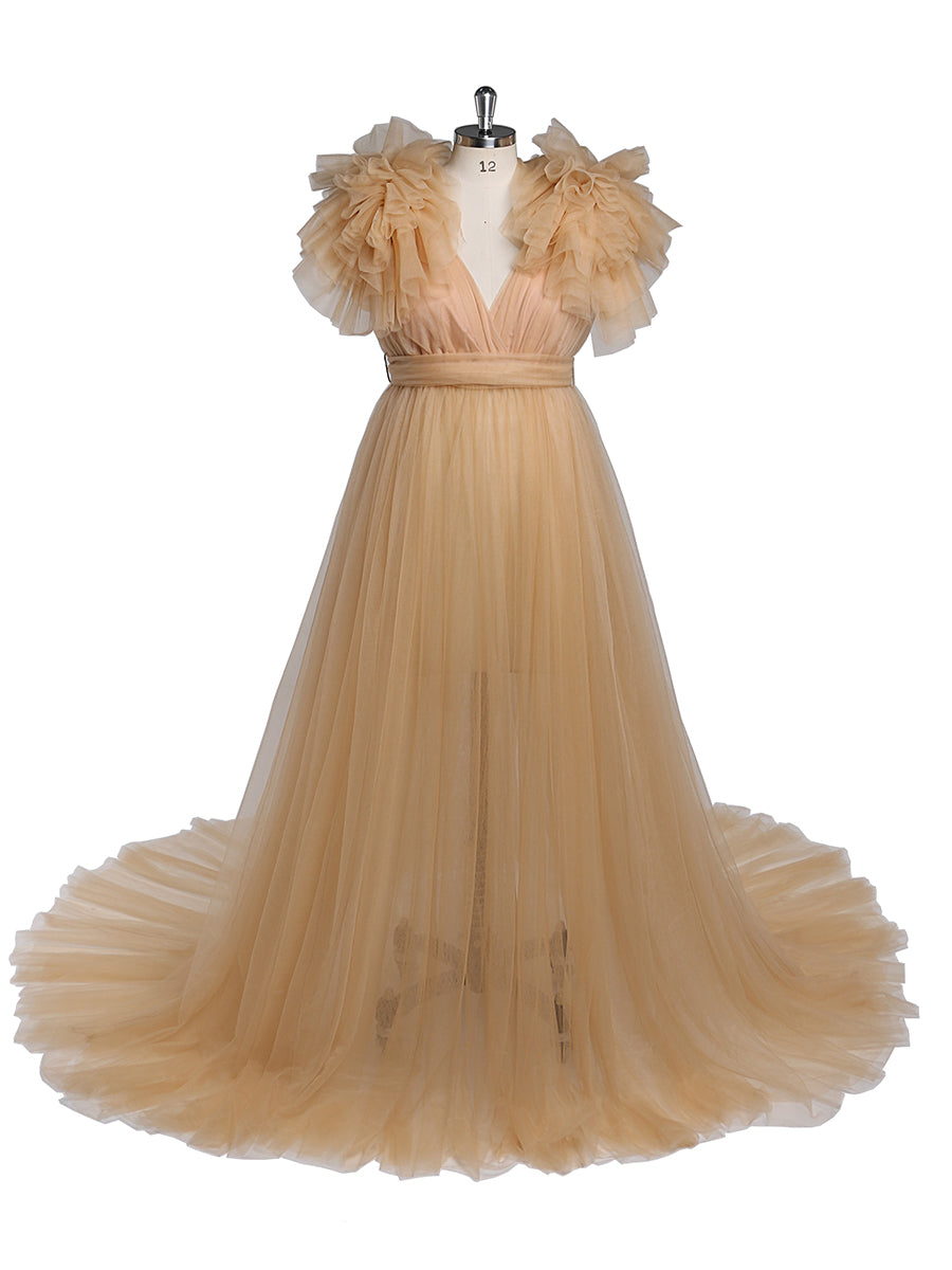 Umstandskleid für Fotoshootings, Bauchschlitz vorne, Schulterrüschen, Fotografie-Maxikleid, Babyparty-Kleid YD217051 