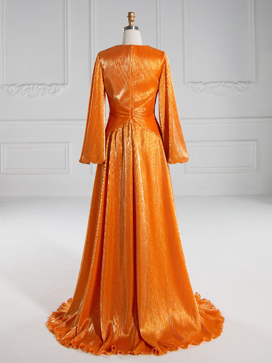 A-line , V Neck, Floor Length, Prom Dresses with Long Sleeves