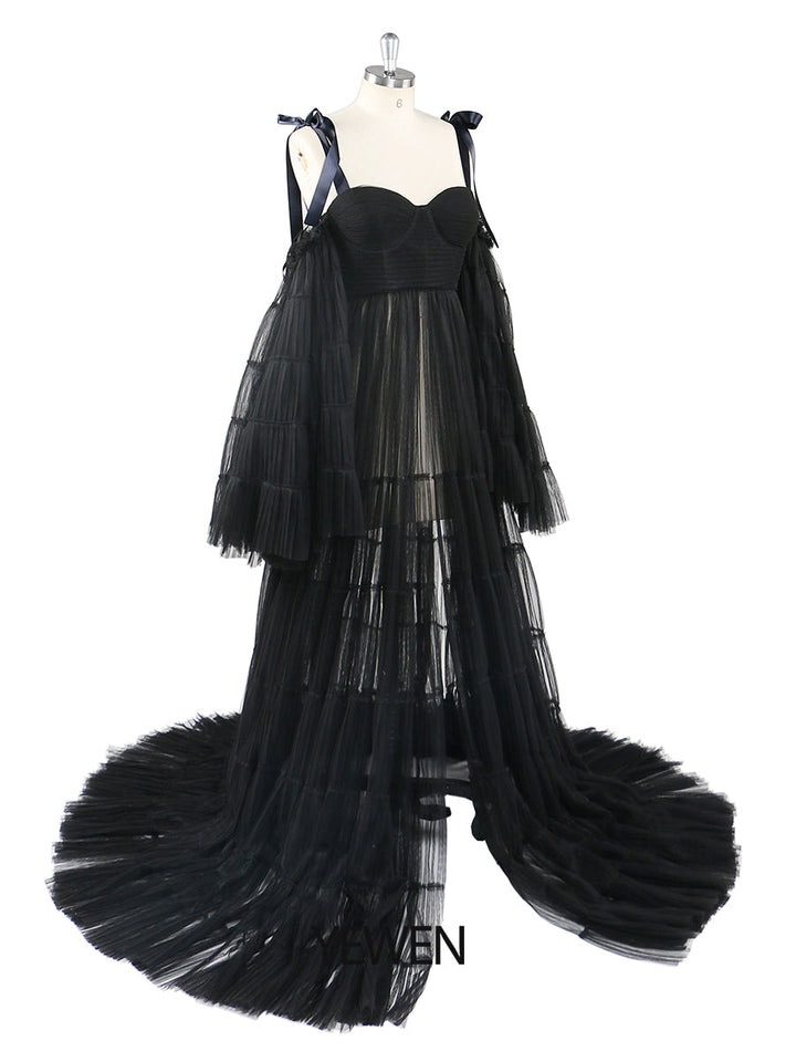 Plissiertes Umstandskleid aus Tüll für Fotoshootings, große ausgestellte Ärmel, Fotoshooting-Kleid für Damen, YW21025