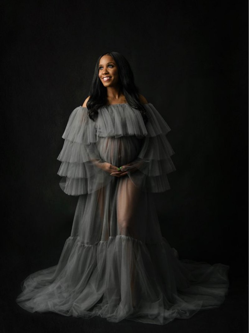 Schulterfreies, durchsichtiges Maxikleid mit Rüschen in Übergröße, Umstandskleid für Fotoshootings