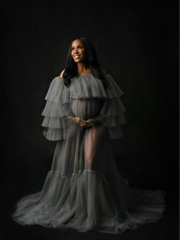 Schulterfreies, durchsichtiges Maxikleid mit Rüschen in Übergröße, Umstandskleid für Fotoshootings